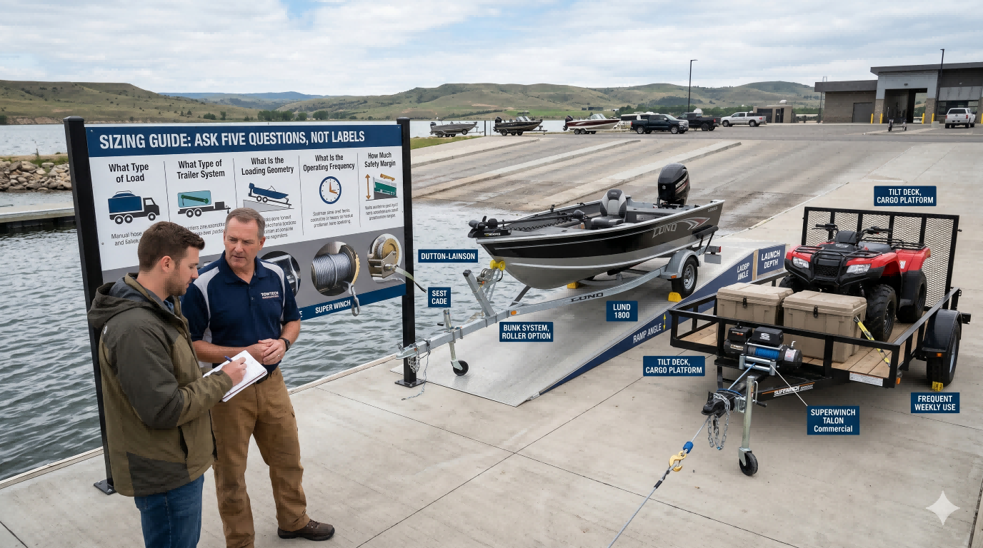 Trailer winch sizing guide comparing load type, trailer system, loading geometry, operating frequency, and safety margin